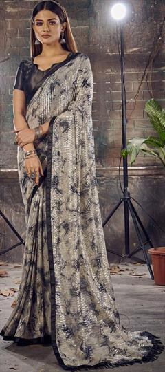 Engagement, Mehendi Sangeet, Reception Beige and Brown color Saree in Georgette fabric with Classic Embroidered, Sequence, Thread work : 1881460