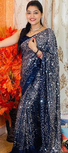 Engagement, Mehendi Sangeet, Reception Blue color Saree in Georgette fabric with Classic Embroidered, Sequence, Thread work : 1881466