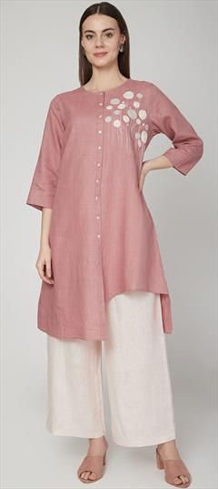 Party Wear, Reception Pink and Majenta color Salwar Kameez in Linen fabric with Asymmetrical Embroidered, Thread work : 1881481