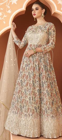 Party Wear, Reception Beige and Brown color Gown in Georgette fabric with Anarkali Printed, Sequence, Thread work : 1881584