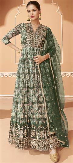 Festive, Party Wear, Reception Green color Gown in Georgette fabric with Anarkali Printed, Sequence, Thread work : 1881586