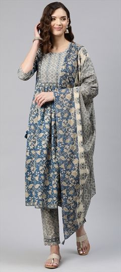Party Wear, Summer Blue color Salwar Kameez in Cotton fabric with A Line Floral, Printed, Thread, Zari work : 1881614