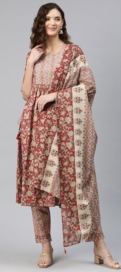 Party Wear, Summer Red and Maroon color Salwar Kameez in Cotton fabric with A Line Floral, Printed, Thread, Zari work : 1881615