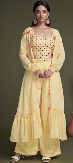 Party Wear Yellow color Co-ords Set in Georgette fabric with Embroidered, Mirror, Thread work : 1881628