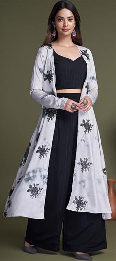 Party Wear Black and Grey, White and Off White color Co-ords Set in Silk fabric with Thread work : 1881634
