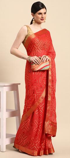 Party Wear Red and Maroon color Saree in Brasso fabric with Classic Foil Print, Swarovski work : 1881922