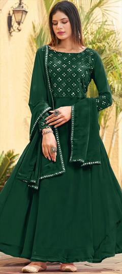 Party Wear, Reception Green color Salwar Kameez in Georgette fabric with Anarkali Mirror, Resham, Thread work : 1881923