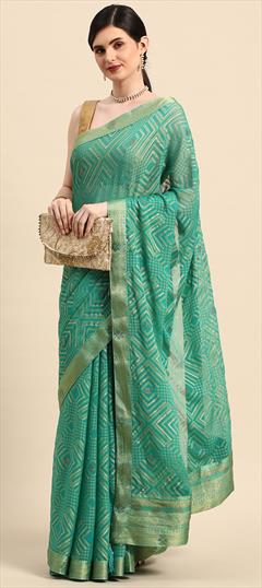 Party Wear Green color Saree in Brasso fabric with Classic Foil Print, Swarovski work : 1881924