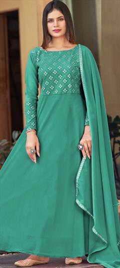 Party Wear, Reception Green color Salwar Kameez in Georgette fabric with Anarkali Mirror, Resham, Thread work : 1881925
