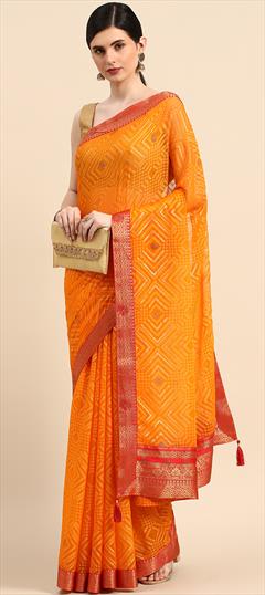 Party Wear Yellow color Saree in Brasso fabric with Classic Foil Print, Swarovski work : 1881926