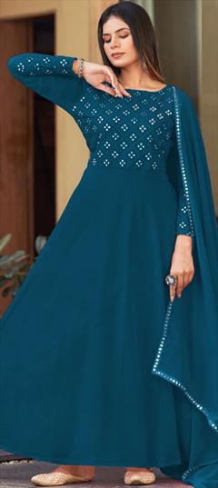 Party Wear, Reception Blue color Salwar Kameez in Georgette fabric with Anarkali Mirror, Resham, Thread work : 1881929