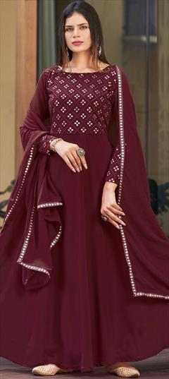 Party Wear, Reception Red and Maroon color Salwar Kameez in Georgette fabric with Anarkali Mirror, Resham, Thread work : 1881931