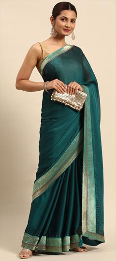 Party Wear, Reception Green color Saree in Satin Silk, Silk fabric with South Border, Swarovski work : 1881936
