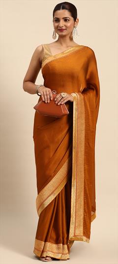 Party Wear, Reception Yellow color Saree in Satin Silk, Silk fabric with South Swarovski work : 1881938