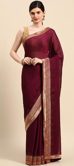 Party Wear, Reception Purple and Violet color Saree in Satin Silk, Silk fabric with South Border, Swarovski work : 1881939