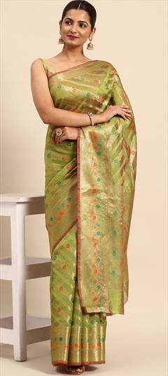 Casual, Traditional Green color Saree in Organza Silk, Silk fabric with South Weaving, Zari work : 1881940