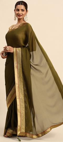Party Wear, Reception Green color Saree in Satin Silk, Silk fabric with South Border, Swarovski work : 1881941