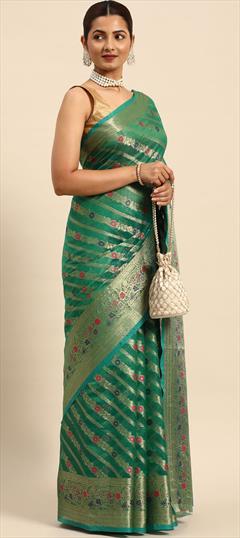 Casual, Traditional Green color Saree in Organza Silk, Silk fabric with South Weaving, Zari work : 1881943