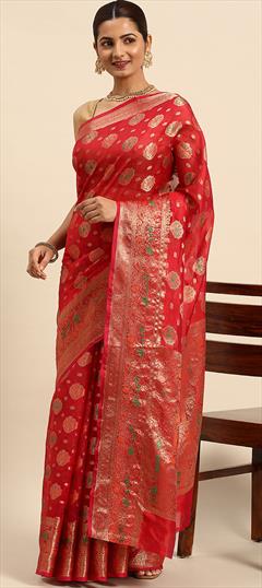 Casual, Traditional Red and Maroon color Saree in Organza Silk, Silk fabric with South Weaving, Zari work : 1881952