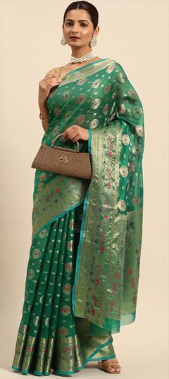 Casual, Traditional Green color Saree in Organza Silk, Silk fabric with South Weaving, Zari work : 1881955