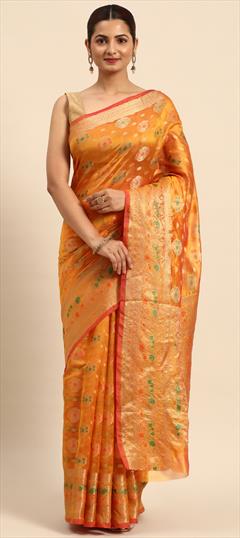Casual, Traditional Orange color Saree in Organza Silk, Silk fabric with South Weaving, Zari work : 1881958