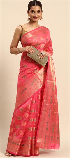 Casual, Traditional Pink and Majenta color Saree in Organza Silk, Silk fabric with South Weaving, Zari work : 1881964