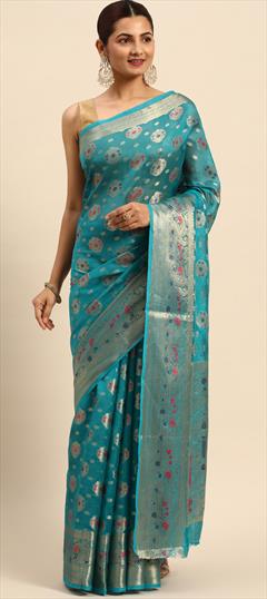 Casual, Traditional Blue color Saree in Organza Silk, Silk fabric with South Weaving, Zari work : 1881968