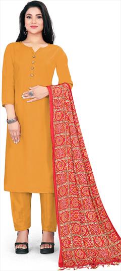 Casual Yellow color Salwar Kameez in Rayon fabric with Straight Thread work : 1882112