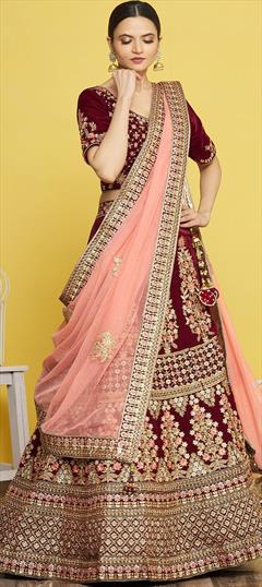 Bridal, Wedding Red and Maroon color Lehenga in Velvet fabric with A Line Embroidered, Sequence, Thread, Zari work : 1882195