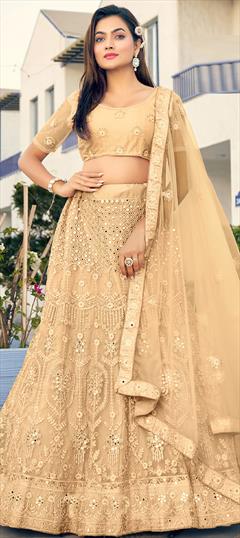 Engagement, Mehendi Sangeet, Wedding Beige and Brown color Lehenga in Net fabric with Flared Embroidered, Mirror, Resham, Stone, Thread work : 1882208