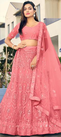 Engagement, Mehendi Sangeet, Wedding Pink and Majenta color Lehenga in Net fabric with Flared Embroidered, Mirror, Resham, Stone, Thread work : 1882210