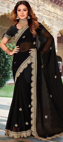 Party Wear, Reception Black and Grey color Saree in Georgette fabric with Classic Embroidered, Sequence, Thread work : 1882257