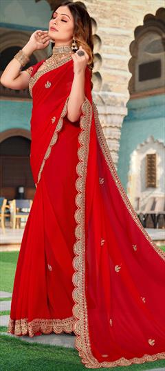 Party Wear, Reception Red and Maroon color Saree in Georgette fabric with Classic Embroidered, Sequence, Thread work : 1882262