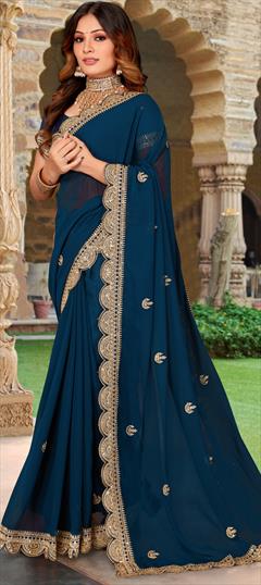Party Wear, Reception Blue color Saree in Georgette fabric with Classic Embroidered, Sequence, Thread work : 1882264