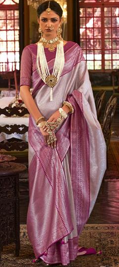 Mehendi Sangeet, Traditional, Wedding Purple and Violet color Saree in Kanjeevaram Silk, Silk fabric with South Weaving work : 1882507