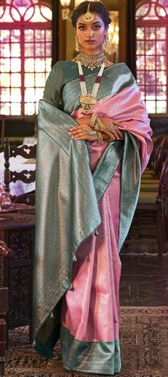 Mehendi Sangeet, Traditional, Wedding Pink and Majenta color Saree in Kanjeevaram Silk, Silk fabric with South Weaving work : 1882508