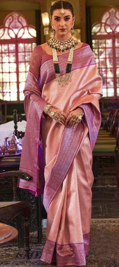 Mehendi Sangeet, Traditional, Wedding Pink and Majenta color Saree in Kanjeevaram Silk, Silk fabric with South Weaving work : 1882510