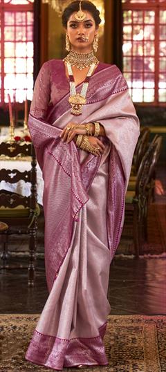 Mehendi Sangeet, Traditional, Wedding Pink and Majenta color Saree in Kanjeevaram Silk, Silk fabric with South Weaving work : 1882514