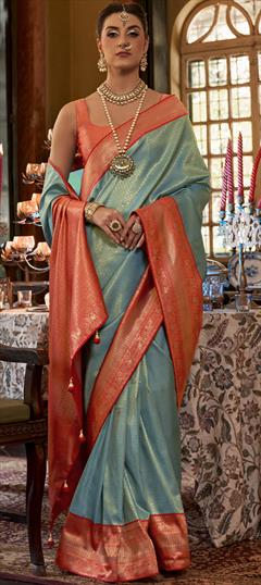 Bridal, Mehendi Sangeet, Traditional, Wedding Blue color Saree in Kanjeevaram Silk, Silk fabric with South Weaving work : 1882540