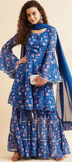 Party Wear, Reception Blue color Salwar Kameez in Georgette fabric with Sharara Floral, Lace, Printed work : 1882560
