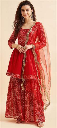 Party Wear, Reception Red and Maroon color Salwar Kameez in Georgette fabric with Sharara Bandhej, Printed work : 1882562