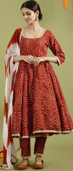 Designer, Festive Red and Maroon color Salwar Kameez in Cotton fabric with Anarkali Bandhej, Printed work : 1882575