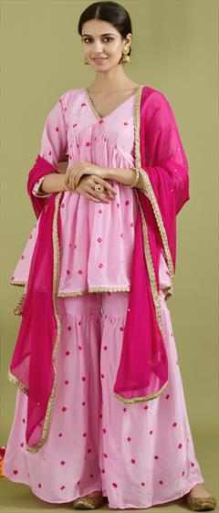 Designer, Festive Pink and Majenta color Salwar Kameez in Silk fabric with Sharara Bandhej, Printed work : 1882582