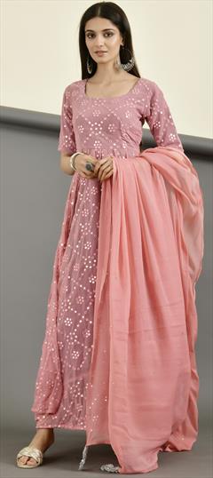 Designer, Festive Pink and Majenta color Gown in Georgette fabric with Anarkali Mirror work : 1882602