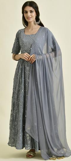 Designer, Festive Black and Grey color Gown in Georgette fabric with Mirror work : 1882621