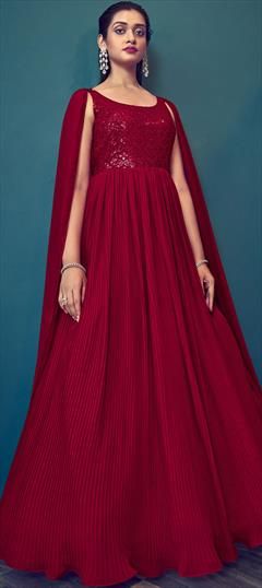 Party Wear, Reception Red and Maroon color Gown in Georgette fabric with Embroidered, Sequence, Thread work : 1882650