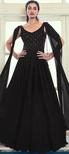 Party Wear, Reception Black and Grey color Gown in Georgette fabric with Embroidered, Sequence, Thread work : 1882652