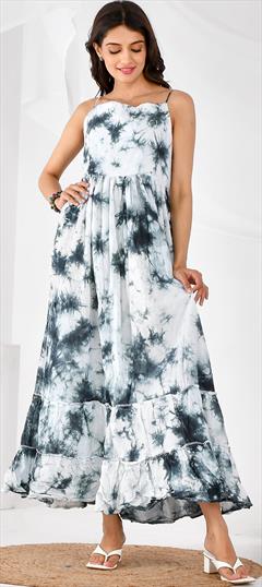 Party Wear, Summer White and Off White color Dress in Cotton fabric with Ombre, Printed, Tye n Dye work : 1882663