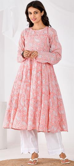 Party Wear, Summer Pink and Majenta color Salwar Kameez in Cotton fabric with Anarkali Printed work : 1882670