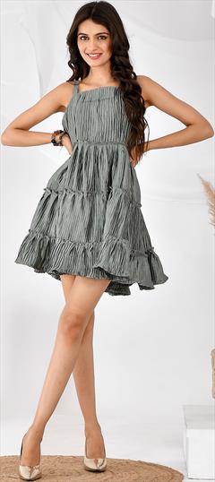 Party Wear, Summer Black and Grey color Dress in Satin Silk fabric with Pleats work : 1882700
